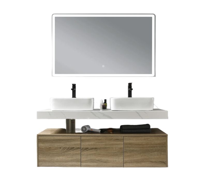 Meuble De Salle De Bain Double Vasque 140cm Bois Et Effet Marbre Avec Miroir LED