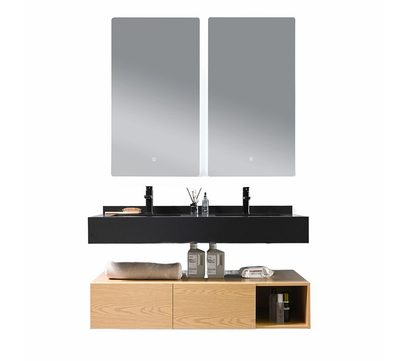 Meuble De Salle De Bain Double Vasque 150cm Bois Et Noir Avec Miroir LED