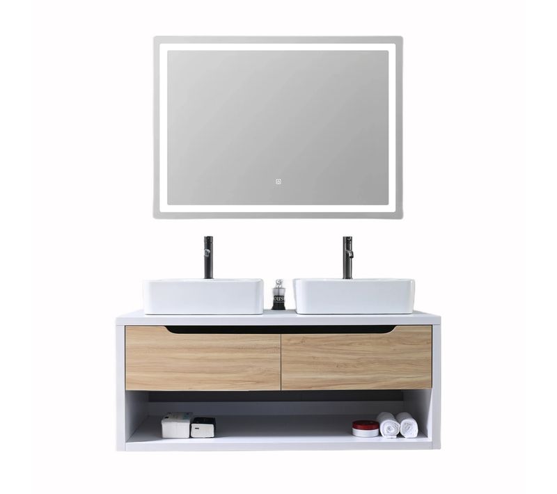 Meuble De Salle De Bain Double Vasque 120cm Bois Et Blanc Avec Miroir LED Lb-8153-120