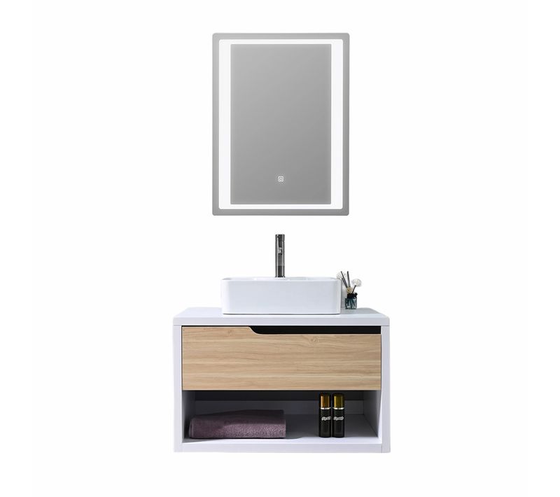 Meuble De Salle De Bain Simple Vasque 80cm Bois Et Blanc Avec Miroir LED Lb-8153-80