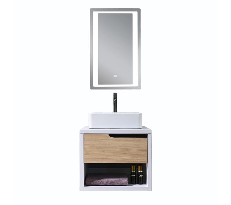 Meuble De Salle De Bain Simple Vasque 60cm Bois Et Blanc Avec Miroir LED Lb-8153-60