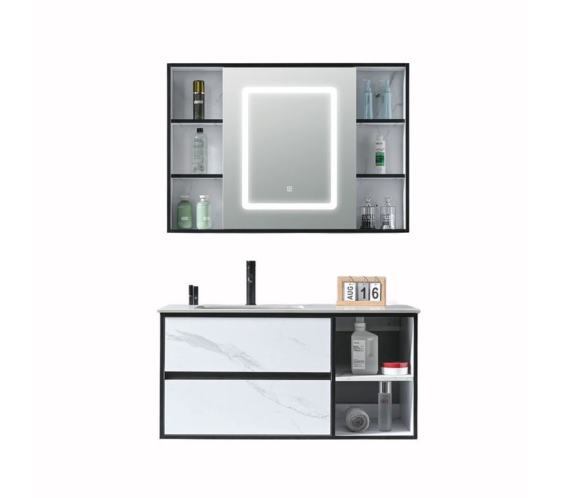 Meuble Salle De Bain Simple Vasque 100cm Blanc Effet Marbre Avec Miroir LED Et Colonne De Rangement