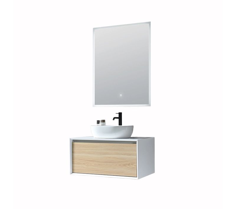 Meuble De Salle De Bain Simple Vasque 80cm Blanc Et Bois Avec Miroir LED