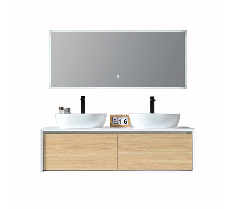 Meuble De Salle De Bain Double Vasque 140cm Bois Et Blanc  Avec Miroir LED
