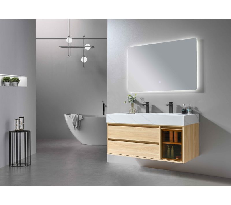 Meuble De Salle De Bain Double Vasque 120cm Bois Et Blanc Effet Marbre Avec Miroir LED