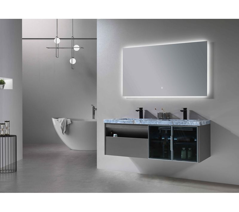 Meuble De Salle De Bain Double Vasque 140cm Gris Et Effet Marbre Bleu Avec Miroir LED