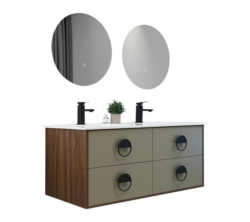 Meuble De Salle De Bain Double Vasque 120cm Bois Et Vert Avec Miroir LED
