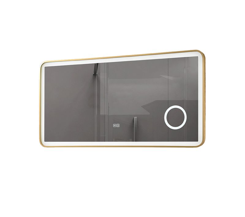 Miroir Salle De Bain LED 110x60cm  Anti Buée Avec Cadre En Aluminium Doré Et Loupe X3 Lb-4685g