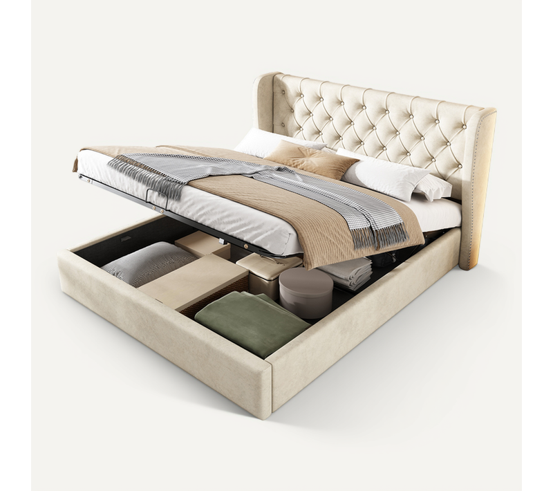 Lit Coffre Lit Capitonné Double 160x200 Cm Avec Sommier à Lattes, En Velours - Beige