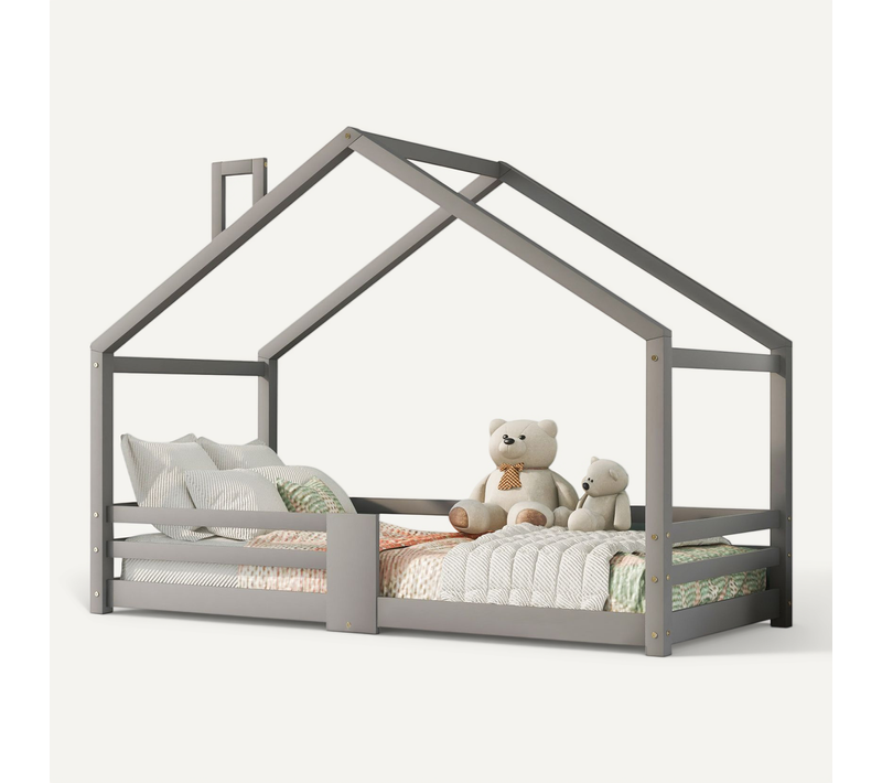 Lit Cabane Enfant 90x200 Cm Avec Sommier à Lattes, Pin, Gris