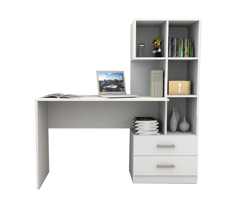 Bureau Et Bibliothèque Intégrée 2 Tiroirs 6 Niches Blancs L 108.3 H 130 P 40 Cm