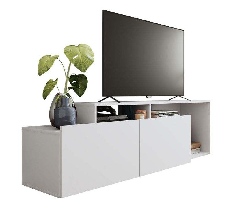 Meuble TV 50 Pouces 2 Abattants Blanc 6 Niches L 164 H 46.5 P 37.5 Cm
