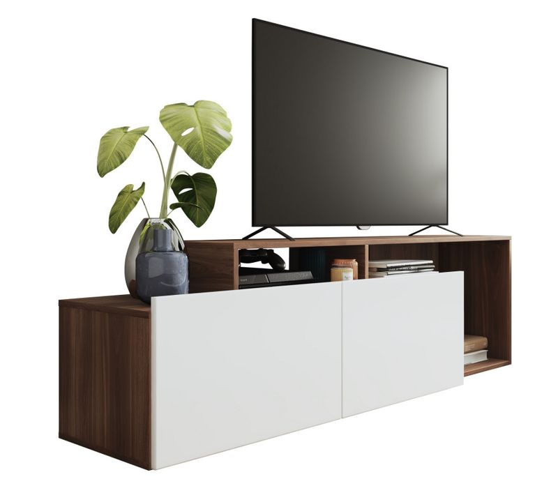 Meuble TV 50 Pouces 2 Abattants Blanc Et Châtaignier L 164 H 46.5 P 37.5 Cm