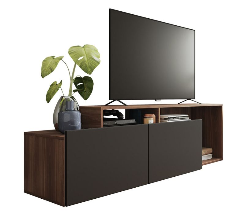 Meuble TV 50 Pouces 2 Abattants Noir Et Chêne Foncé L 164 H 46.5 P 37.5 Cm