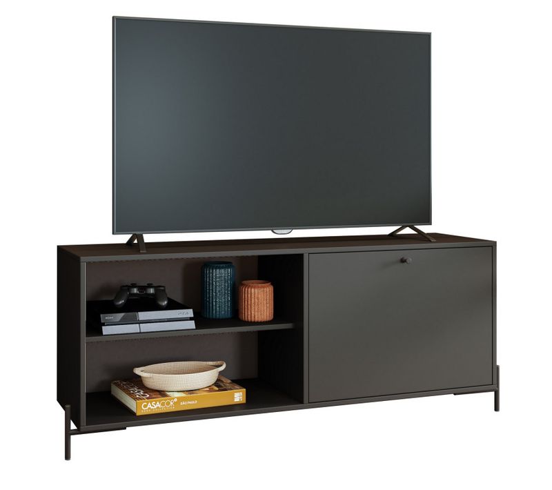 Meuble TV Bar 60 Pouces Noir 1 Porte 4 Niches Pieds Métal Ronds L 142 H 56 P 35 Cm