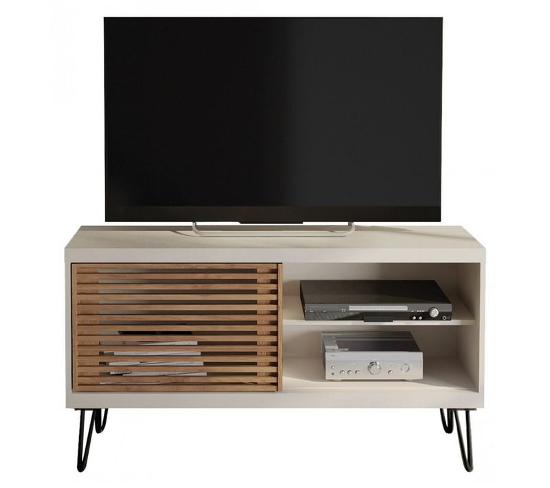 Meuble TV 50 Pouces Blanc Et Chêne 1 Porte 3 Niches Pieds Métal L 120 H 65 P 33 Cm