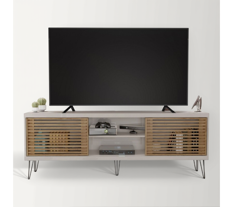 Meuble TV 72 Pouces Blanc Et Chêne 4 Niches 2 Portes Coulis. L 180 H 65 P 33 Cm