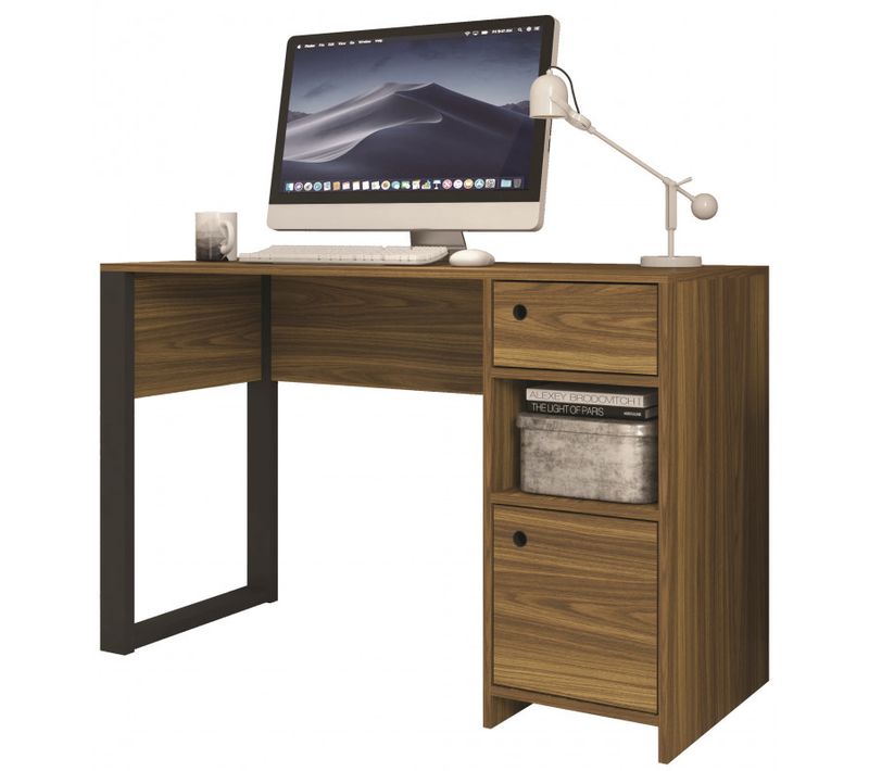 Bureau Gamer 1 Tiroir 1 Porte 2 Niches Noyer L 125 H 75 P 45.1 Cm