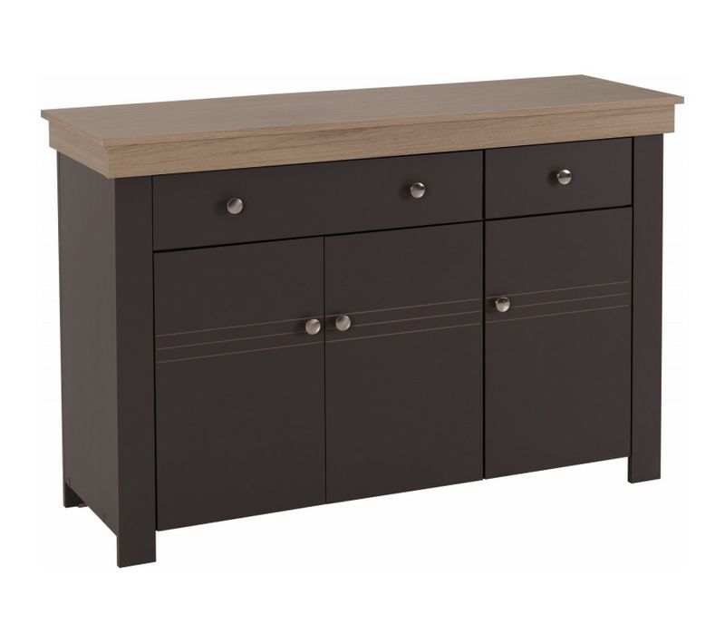Buffet Bas 3 Portes 2 Tiroirs Chêne Et Gris Corniche L 122 P 81.3 P 39.7 Cm