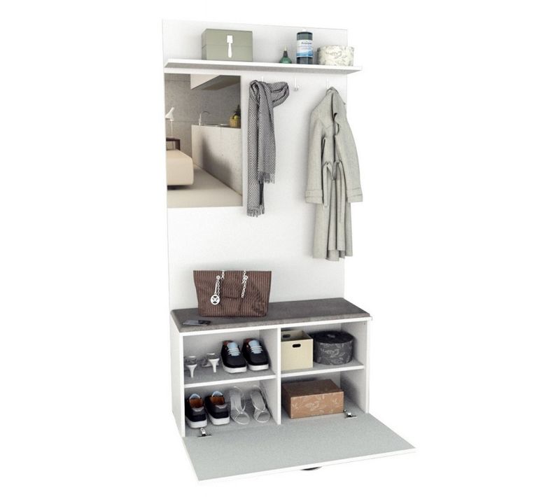 Meuble Vestiaire D'entrée Blanc Miroir Coffre Et Patères L 87 H 180 P 35 Cm