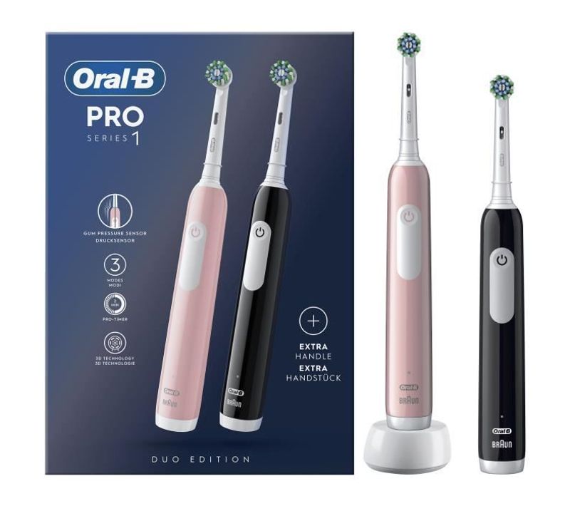 Series 1 Lot De Deux, Brosses à Dents Électriques Rose Et Noire, 2 Brossettes, Conçue Pa
