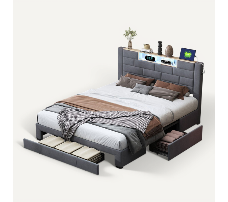 Lit Double 140x200 Cm, Velours Gris, LED Tête De Lit, 3 Tiroirs, USB, Sommier Bois, Fonctionnel