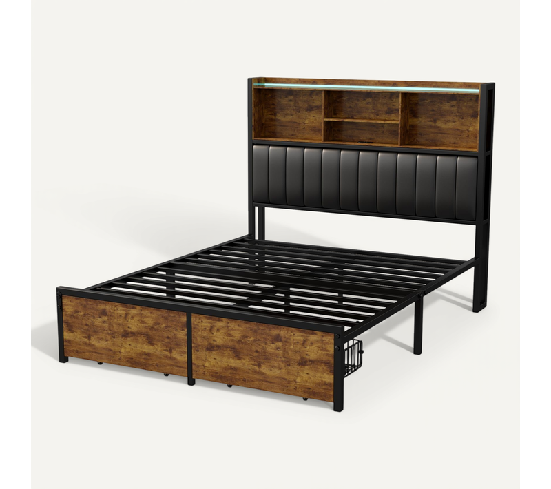 Lit Double 140x200 Cm Avec LED, Cadre Métal, 2 Tiroirs, Tête Avec Rangement, Sommier Lattes