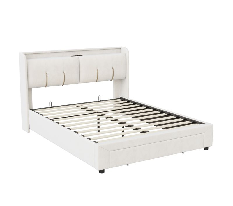 Lit Coffre 140x200 Cm Avec LED, Sommier à Lattes, USB Type-c, Capitonné Velours Blanc