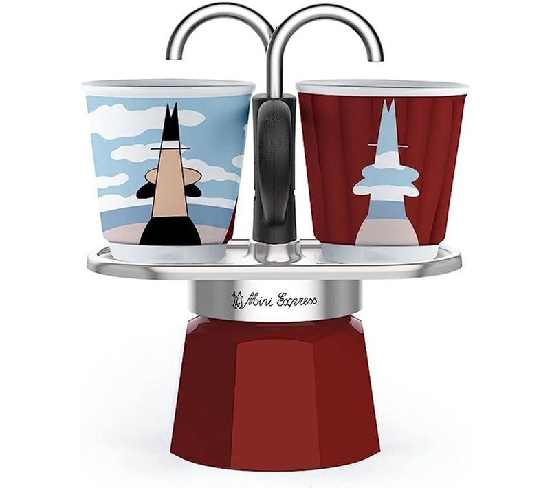 Mini Cafetière Italienne 2 Tasses 90–100 Ml Avec Plateau Inox Et 2 Tasses Céramique