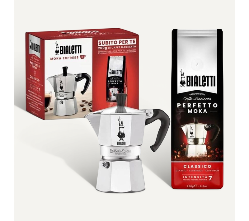 Cafetière Italienne Moka 3 Tasses (0,30 L) – Aluminium Poli + 250 G Café