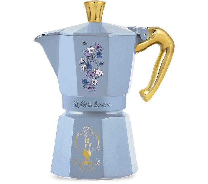 Cafetière Moka Bridgerton 6 Tasses (250 Ml) Bleu Pastel Décor Floral Doré