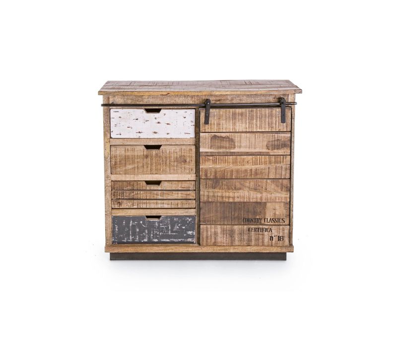 Buffet Bas En Bois De Manguier Et Métal 1 Porte Coulissante 4 Tiroirs - Harlem