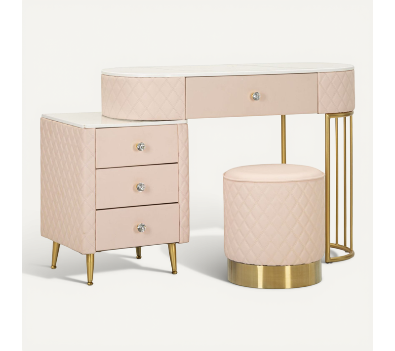 Coiffeuse Avec Pouf Effet Marbre "sharon" 120 Rose et Or