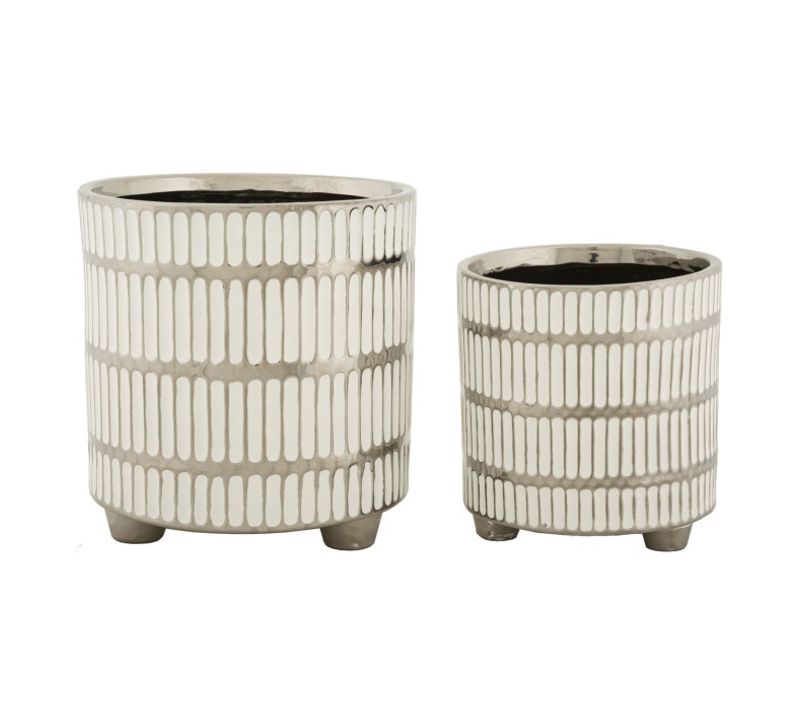 Lot De 2 Vases En Céramique "ray" 24cm Blanc et Argent