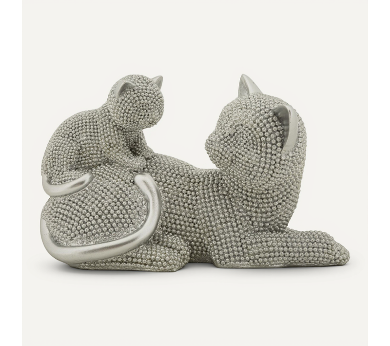Statuette Déco Maman Chat et Chaton "sparky" 19cm Argent