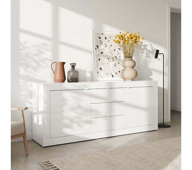 Buffet 2 portes 3 tiroirs BRIGHT blanc laqué
