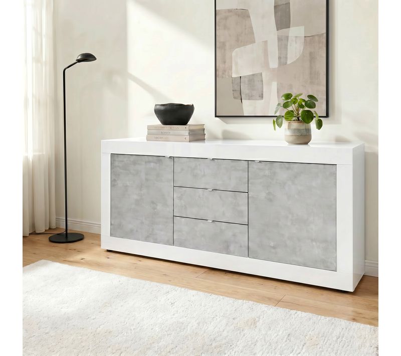 Buffet 2 portes 3 tiroirs BRIGHT blanc laqué et imitation béton