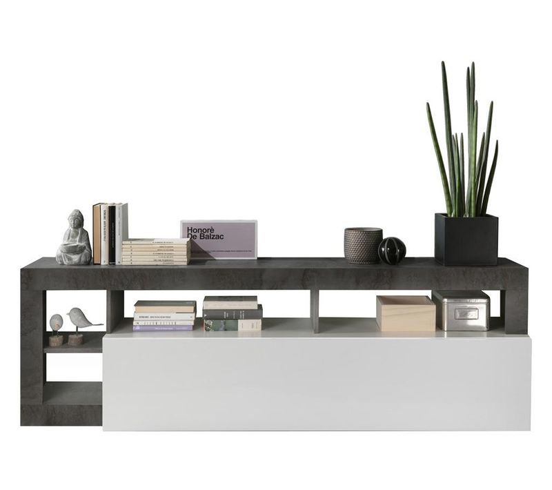 Meuble TV Sefro - 1 Porte Et 4 Niches - Blanc Laqué Et Béton