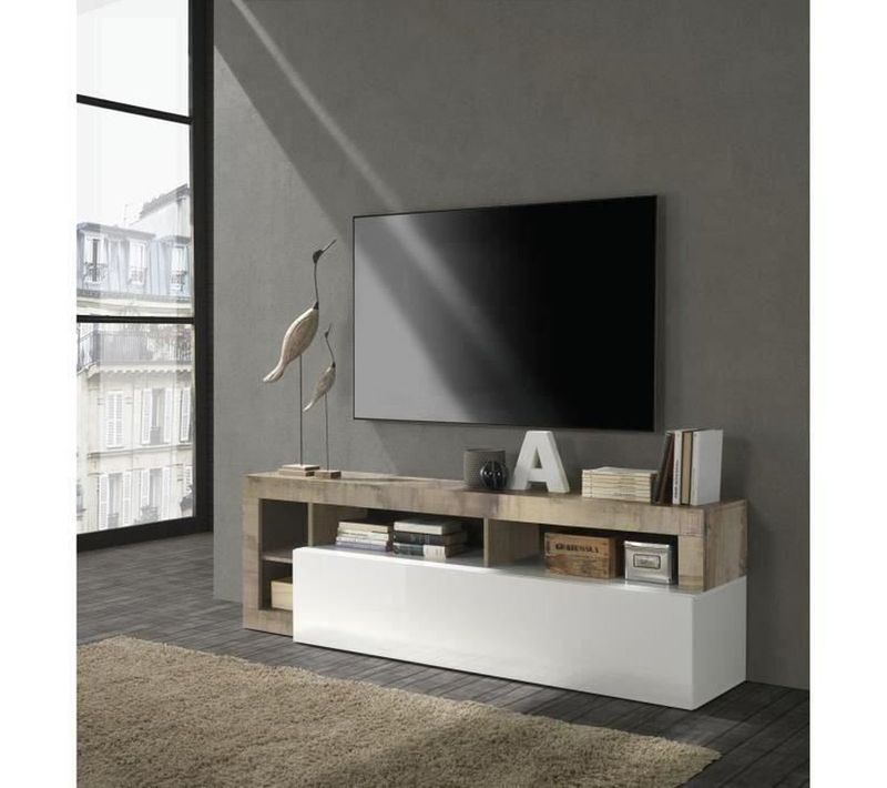 Meuble TV 1 Abattant 184 X 42 X 56 Cm - Laqué Blanc et Effet Bois Vintage
