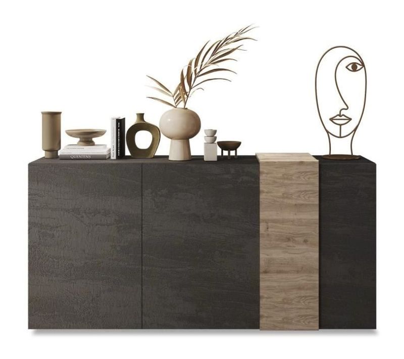 Buffet - 3 Portes - Gris Titan Mat - Chene Cadiz - 181 X 44 X 84 Cm