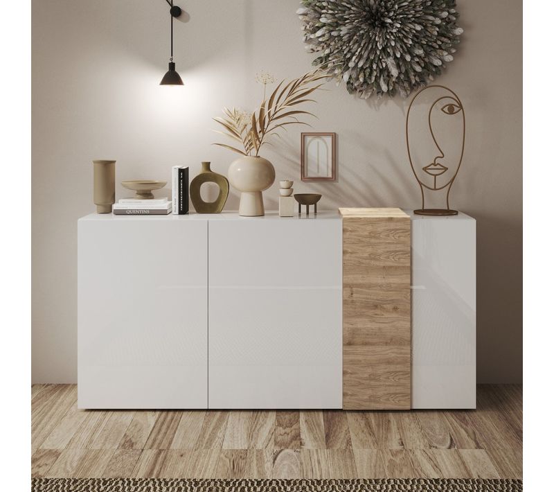 Buffet 3 portes L.180cm ROSINE Imitation chêne et blanc