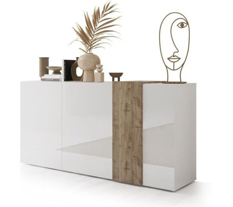 Buffet 3 Portes - Blanc Laqué Brillant Et Chene Cadiz