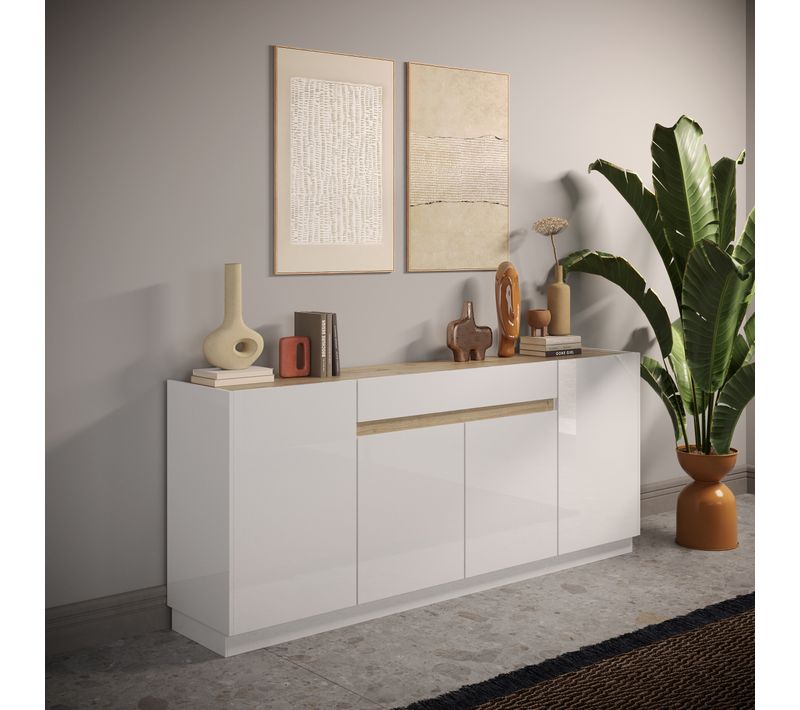 Buffet 4P MAZARIN imitation chêne et blanc brillant