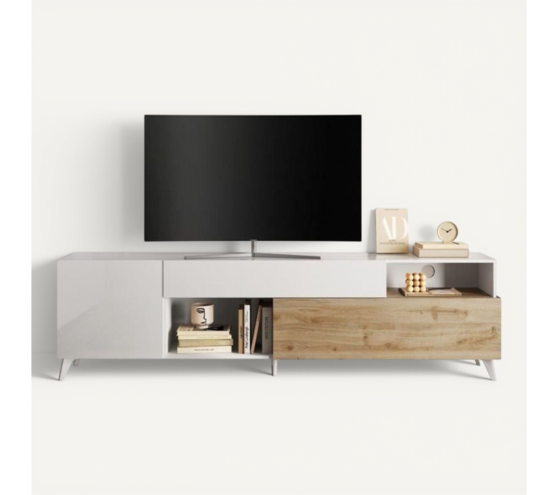 Meuble TV - Montecarlo XXL - 1 Porte - 2 Tiroirs - Blanc Laqué / Chêne Cadiz - 241 X 43 X 67 Cm