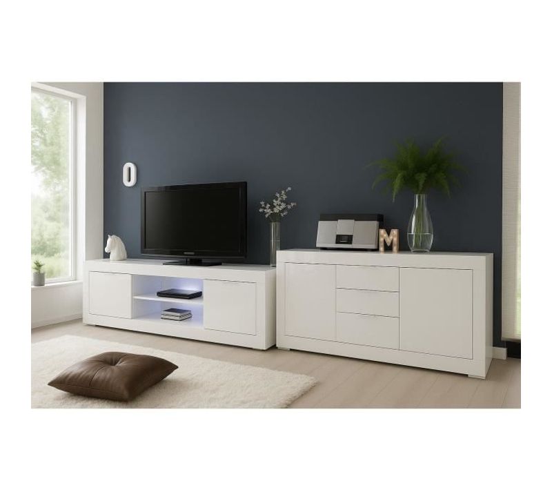 Ensemble Séjour - Meuble TV 180 Cm + Buffet 210 Cm 2 Portes 3 Tiroirs - Basico - Blanc Laqué