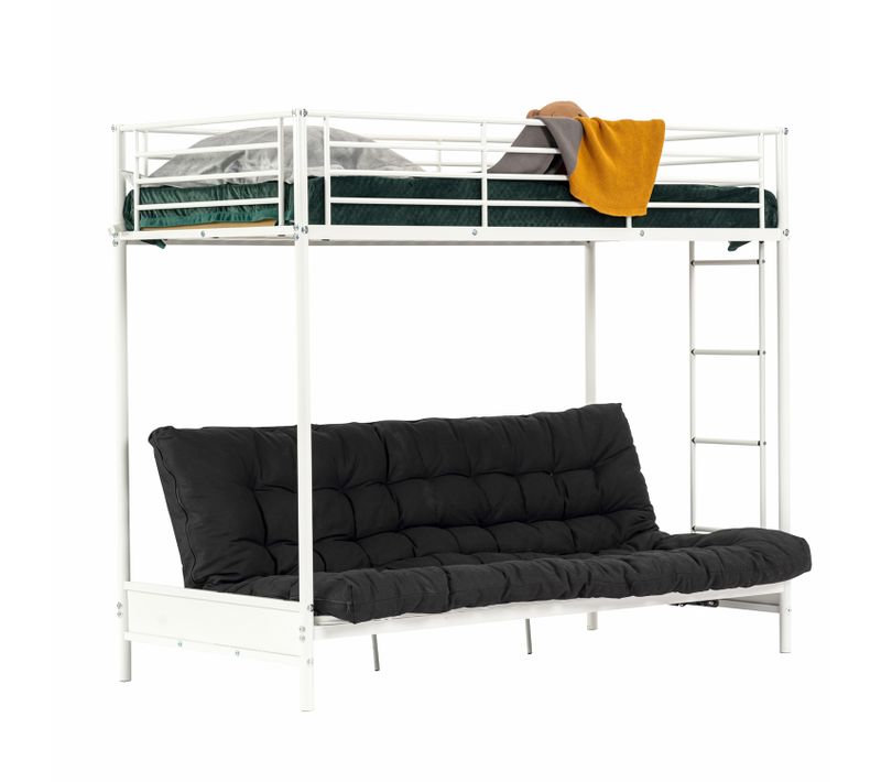 Lit Mezzanine 90x190cm Avec Banquette Convertible Et Futon Portable, Sommier à Lattes En Métal,blanc