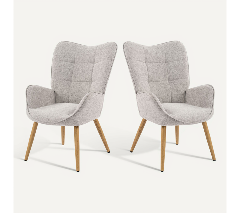 Lot De 2 Fauteuil De Salon Chaise Avec Accoudoirs Et Assise Épais Pied Bois, Gris