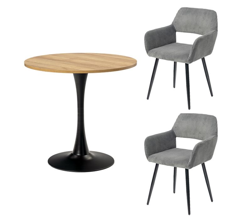 Table Salle à Manger Ronde Avec 2 Chaises Ensemble De 3 Meubles Pour Salon Cuisine, Chêne + Gris