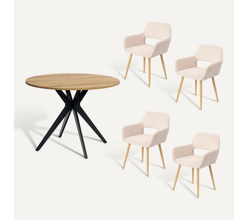 Table Salle à Manger Ronde Avec 4 Chaises Ensemble De 5 Meubles Pour Salon Cuisine, Chêne + Beige