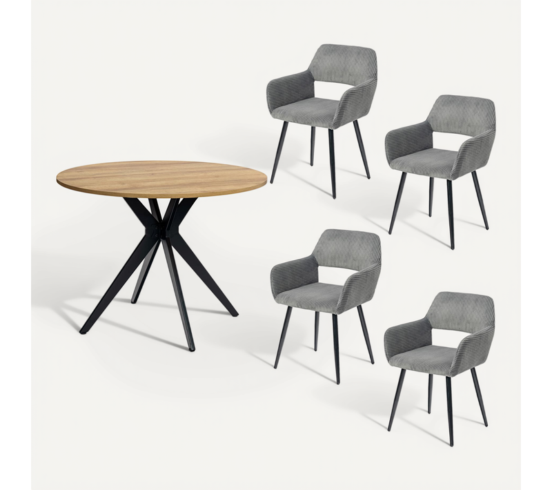 Table Salle à Manger Ronde Avec 4 Chaises Ensemble De 5 Meubles Pour Salon Cuisine, Chêne + Gris